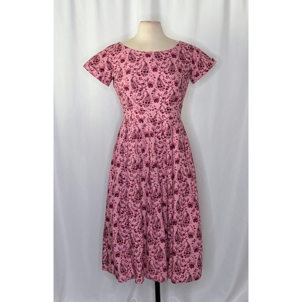 GAL MEETS GLAM Hallie Dress Paisley Floral Pink Purple Box Pleats Pockets Size 8 - Picture 3 of 15